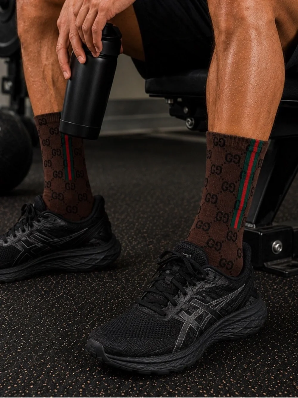 Gucci Brown Logo Crew Socks with Red & Green Stripes